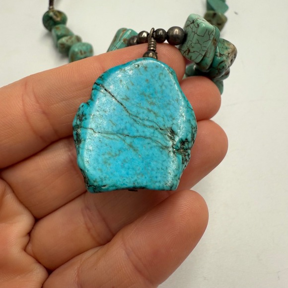 Southwestern Boho Turquoise Stone Pendant Necklace Artisan Leather Cord - Picture 6 of 6